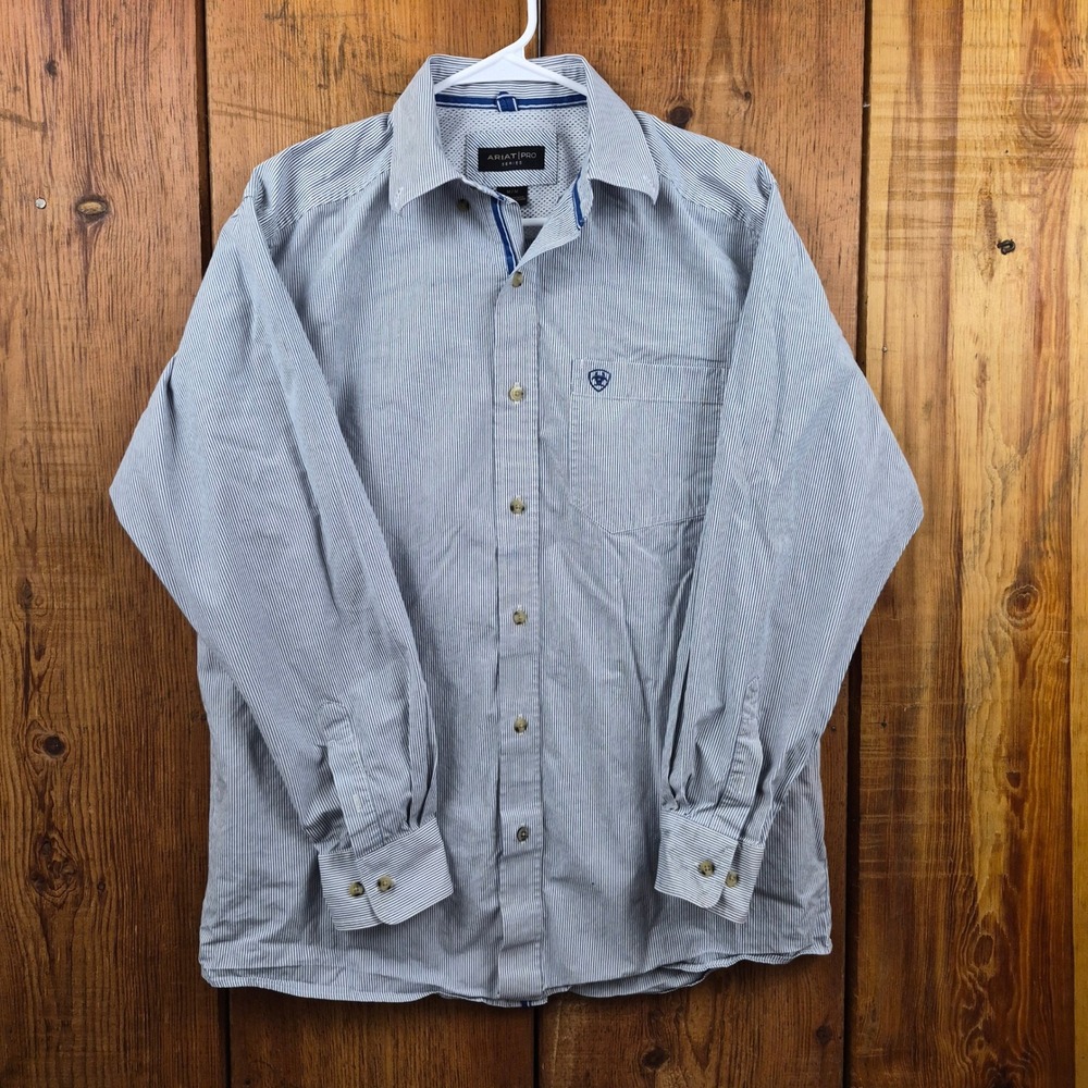 Ariat Pro Series Mens Medium Blue White Striped Long Sleeve Button Down Shirt